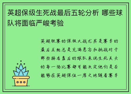 英超保级生死战最后五轮分析 哪些球队将面临严峻考验