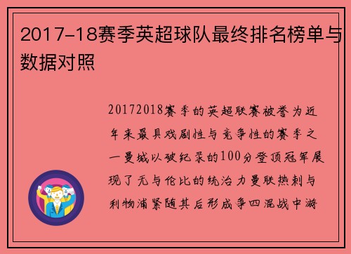 2017-18赛季英超球队最终排名榜单与数据对照